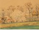Watercolor landscape Auvers-sur-Oise countryside houses trees signed twentieth century