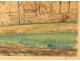 Watercolor landscape Auvers-sur-Oise countryside houses trees signed twentieth century