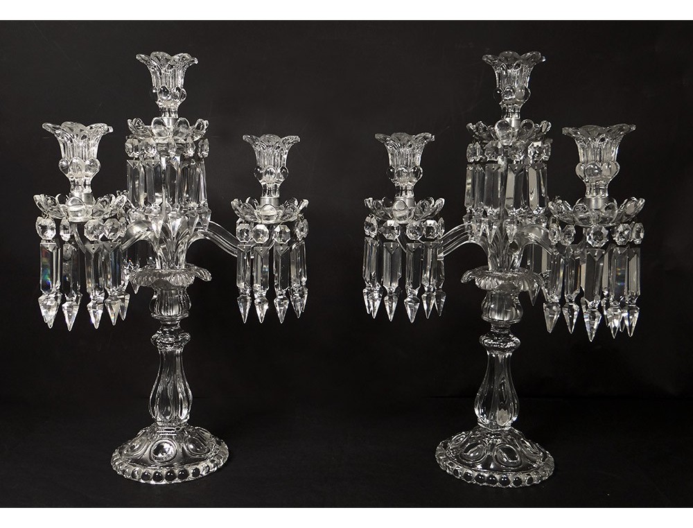 Pair candelabra candlesticks 4 lights crystal pendants Baccarat