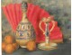 HST table still life vase candle holder fan fruit att. Gaston Roux Twentieth