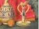 HST table still life vase candle holder fan fruit att. Gaston Roux Twentieth