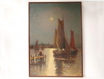 HSP marine painting boats harbor moonlight South France Mediterranean twentieth