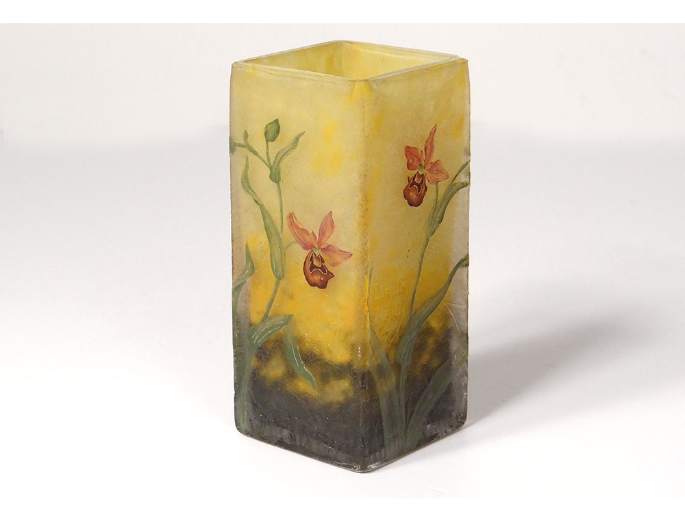 Small Vase Glass Paste Daum Nancy Flowers Orchids Art Nouveau Xixth