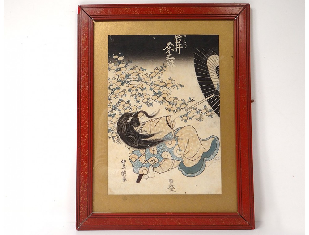 Estampe Japonaise Ancienne Signée Kunisada – œuvre Originale Du XIXe Siècle – Encadrée, Format 49x36 Cm