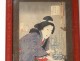 Japanese print Ukiyo-e woman oiran Bonsai cherry signed 19th century