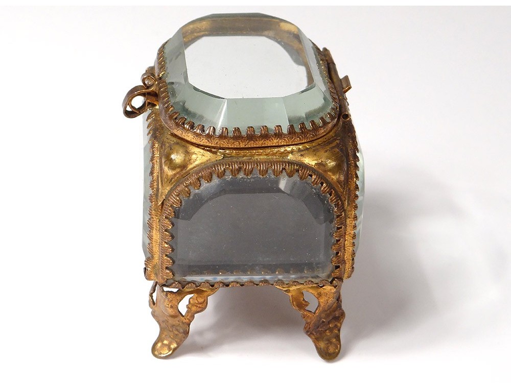 Mini Boîte à Bijoux Napoléon III En Laiton Et Verre Biseauté - Occasion, Décoration Vintage