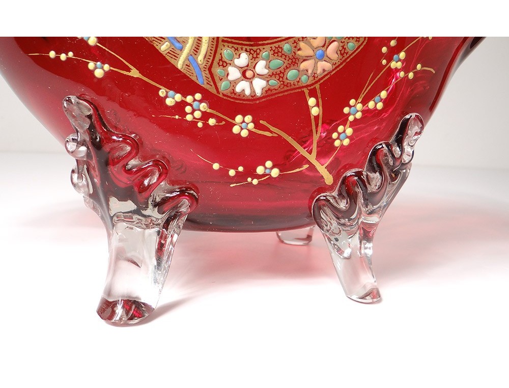 Petite Coupe En Verre émaillé Signée VAR - Décor Feuilles De Marronnier - Vintage