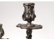 Pair candelabra candlesticks 4 lights Louis XV bronze silver flowers nineteenth