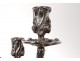 Pair candelabra candlesticks 4 lights Louis XV bronze silver flowers nineteenth