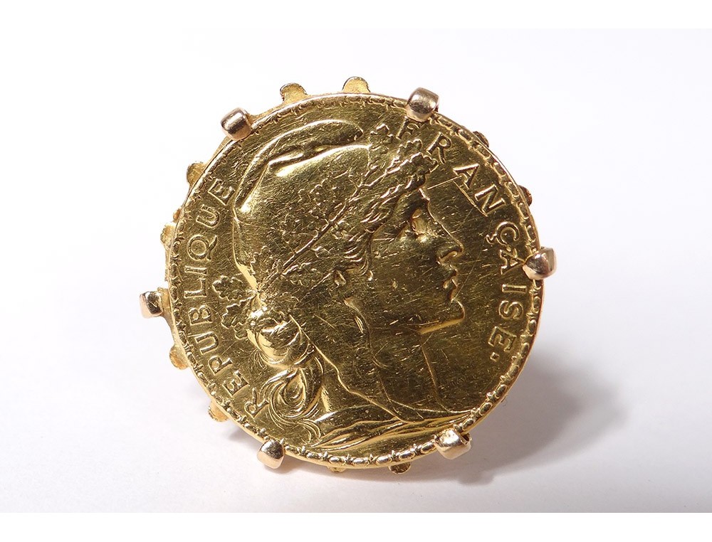 Bague En Or 750 Avec Pièce 20 Francs Marianne Coq 1907 - Occasion - Poinçon Hibou