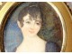 Small painted miniature oval portrait young woman bronze frame nineteenth century