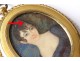 Small painted miniature oval portrait young woman bronze frame nineteenth century