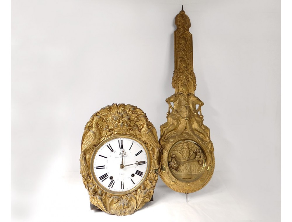 Comtoises à balancier animé Mouvement-horloge-comtoise-balancier-automate-laiton-dore-oiseaux-xixeme