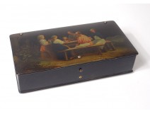 Russian lacquered wood cabinet box Lukutin characters table landscape nineteenth