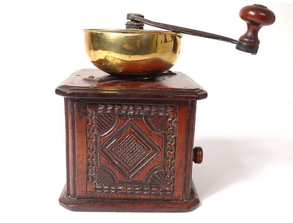 Old Coffee Mill Wood Carved Copper Popular Art Century