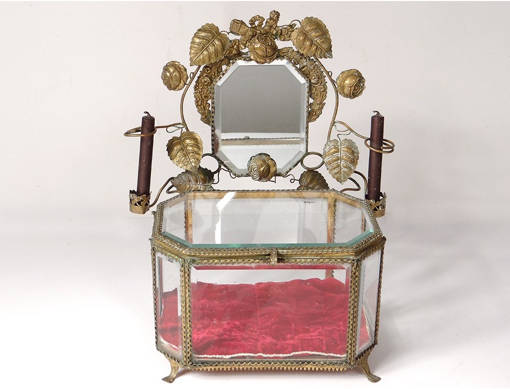 Boîte à Bijoux Ancienne Avec Miroir En Verre Taillé Et Tiroir - Vintage, Référence #C034, Occasion