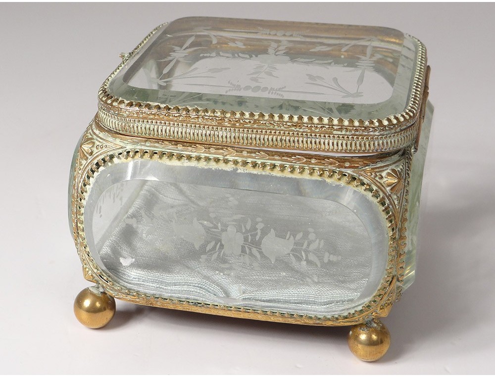 Petit Coffret à Bijoux Vintage En Laiton Avec Couvercle En Verre épais Biseauté - Déco Vitrine Ou Rangement