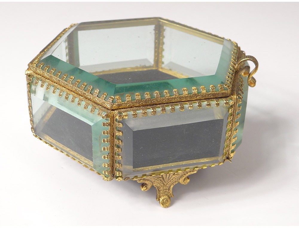 Boîte à Bijoux En Verre Biseauté Gravé Et Métal Doré - Occasion - Déco Vintage Pour Rangement élégant