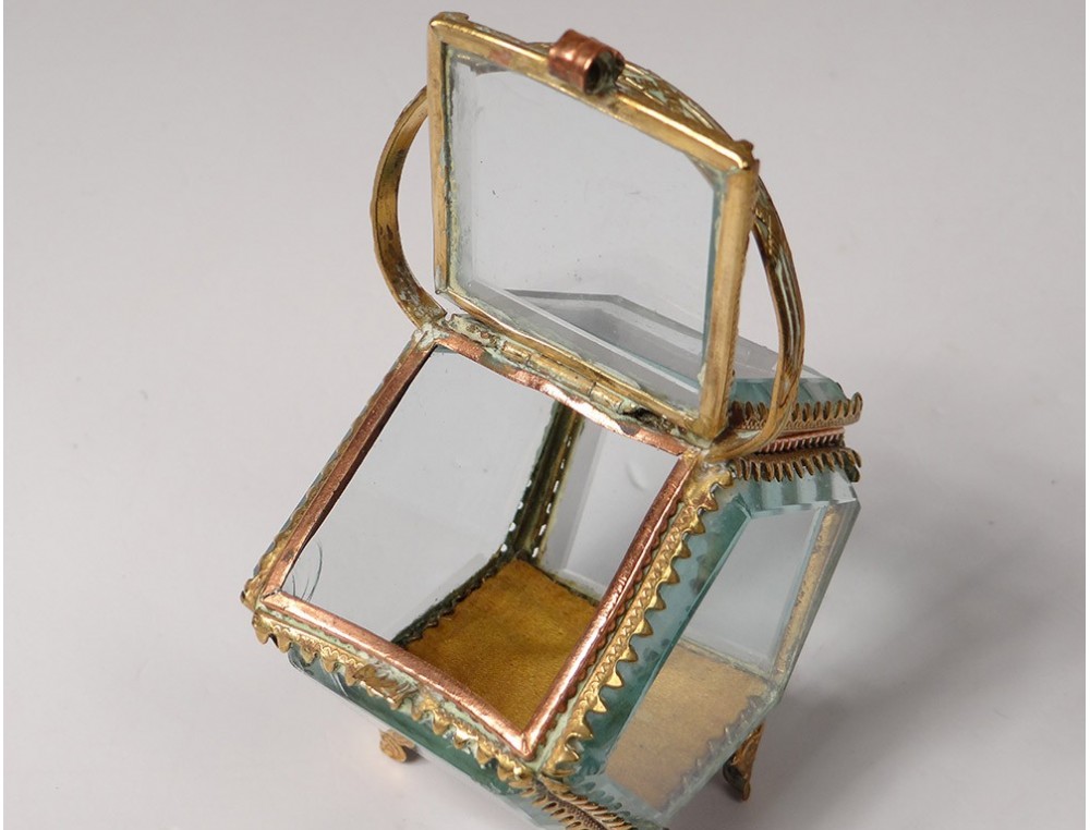 Boîte à Bijoux Vintage Napoléon III - Laiton Et Verre Biseauté, Dimensions 13x10 Cm, Bon état