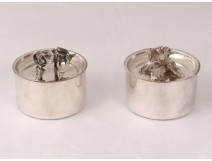 2 round boxes sterling silver Minerva cow flowers silver 124gr twentieth