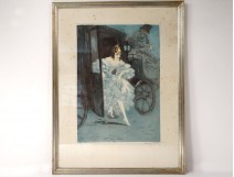 Color lithograph Louis Icart Elegant woman Carriage Belle-Epoque twentieth