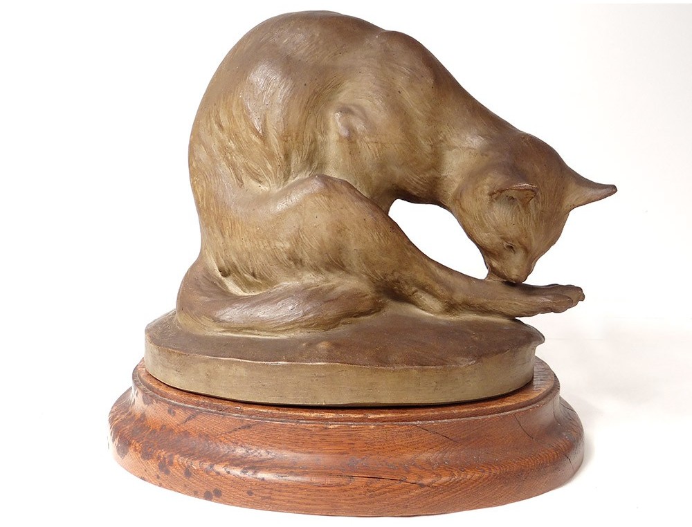 Sculpture Terre Cuite Charles Virion Chat Toilette Cytere Unis France Xixe