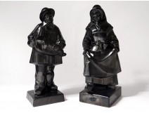 Pair sandstone sculptures EJ. Bachelet old player dancer Auvergnats twentieth