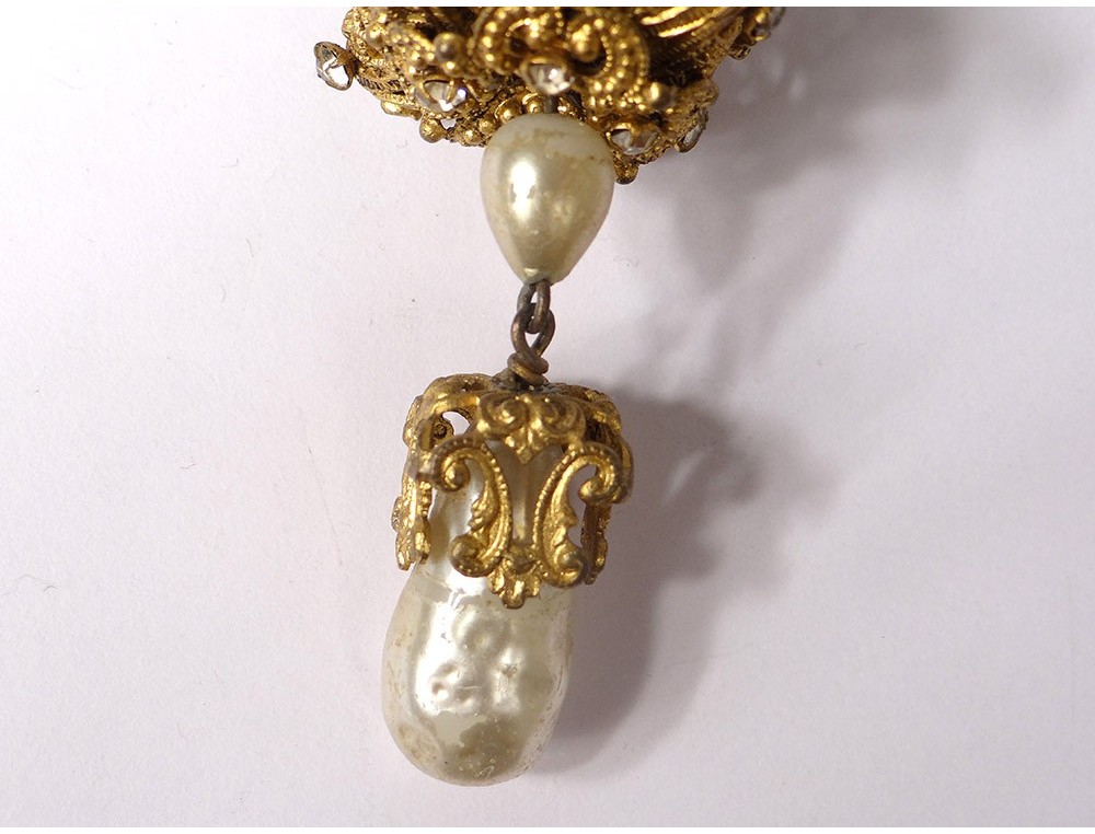 Broche-pendentif Ancienne En Métal Doré Avec Perles Baroques - Occasion (bon état)