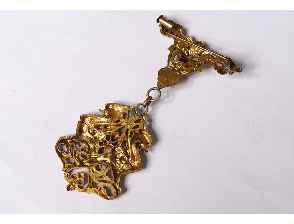 Broche Ancienne En Métal Doré Avec Décor En émail - Bijou Vintage - Occasion