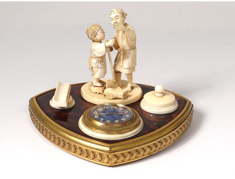 Pendulette Sculpté Personnages Bronze Encrier Ivoire Asiatiques 0wPnOk8