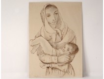 Drawing pencil Karin Van leyden portrait woman mother child Portugal 1931 XXth