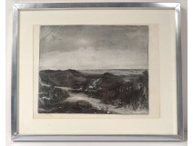 Engraving Veldhoen seascape dune Netherlands Holland seaside beach twentieth