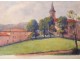 2 watercolor drawings church Cordon Haute-Savoie river barque clipet twentieth