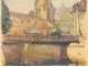 2 watercolor drawings church Cordon Haute-Savoie river barque clipet twentieth