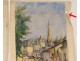 2 watercolor drawings church Cordon Haute-Savoie river barque clipet twentieth