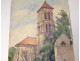 2 watercolor drawings church Cordon Haute-Savoie river barque clipet twentieth