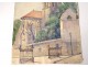 2 watercolor drawings church Cordon Haute-Savoie river barque clipet twentieth