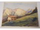 2 watercolor drawings church Cordon Haute-Savoie river barque clipet twentieth