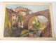 2 watercolor drawings church Cordon Haute-Savoie river barque clipet twentieth