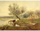 HST painting Galletti landscape woman guardian flock cows pond nineteenth