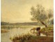HST painting Galletti landscape woman guardian flock cows pond nineteenth