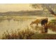 HST painting Galletti landscape woman guardian flock cows pond nineteenth