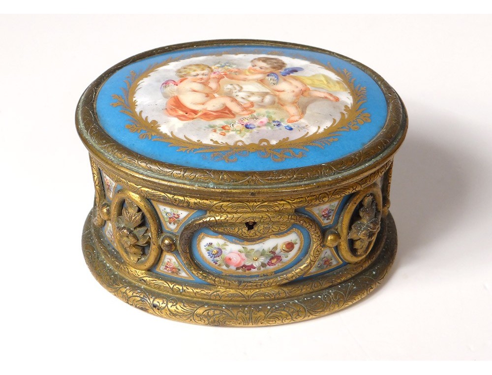 Coffret à Bijoux Vintage Avec Peinture Miniature Et Intérieur Velours - Bronze Doré - Occasion - Boîte Décorative