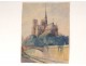 Watercolor drawing Notre-Dame cathedral of Paris Island Gothic city bridge twentieth