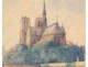 Watercolor drawing Notre-Dame cathedral of Paris Island Gothic city bridge twentieth