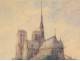 Watercolor drawing Notre-Dame cathedral of Paris Island Gothic city bridge twentieth