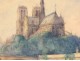 Watercolor drawing Notre-Dame cathedral of Paris Island Gothic city bridge twentieth