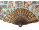 Fan gouache lacquered wood Chinese characters flowers antique nineteenth fan