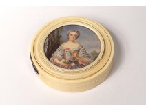 Hand carved ivory round box painted romantic stylish woman nineteenth