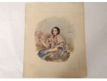 Watercolor on paper portrait young woman with flowers nineteenth century